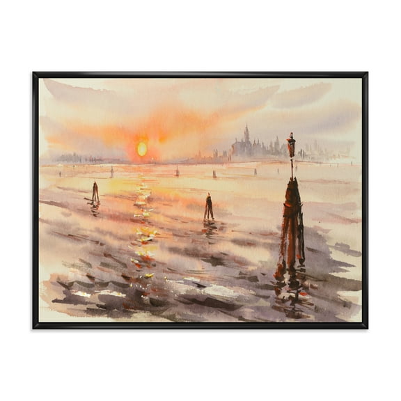 Designart 'Panorama of Venice Laguna Beach At Sunset' Nautical & Coastal Framed Canvas Wall Art Print