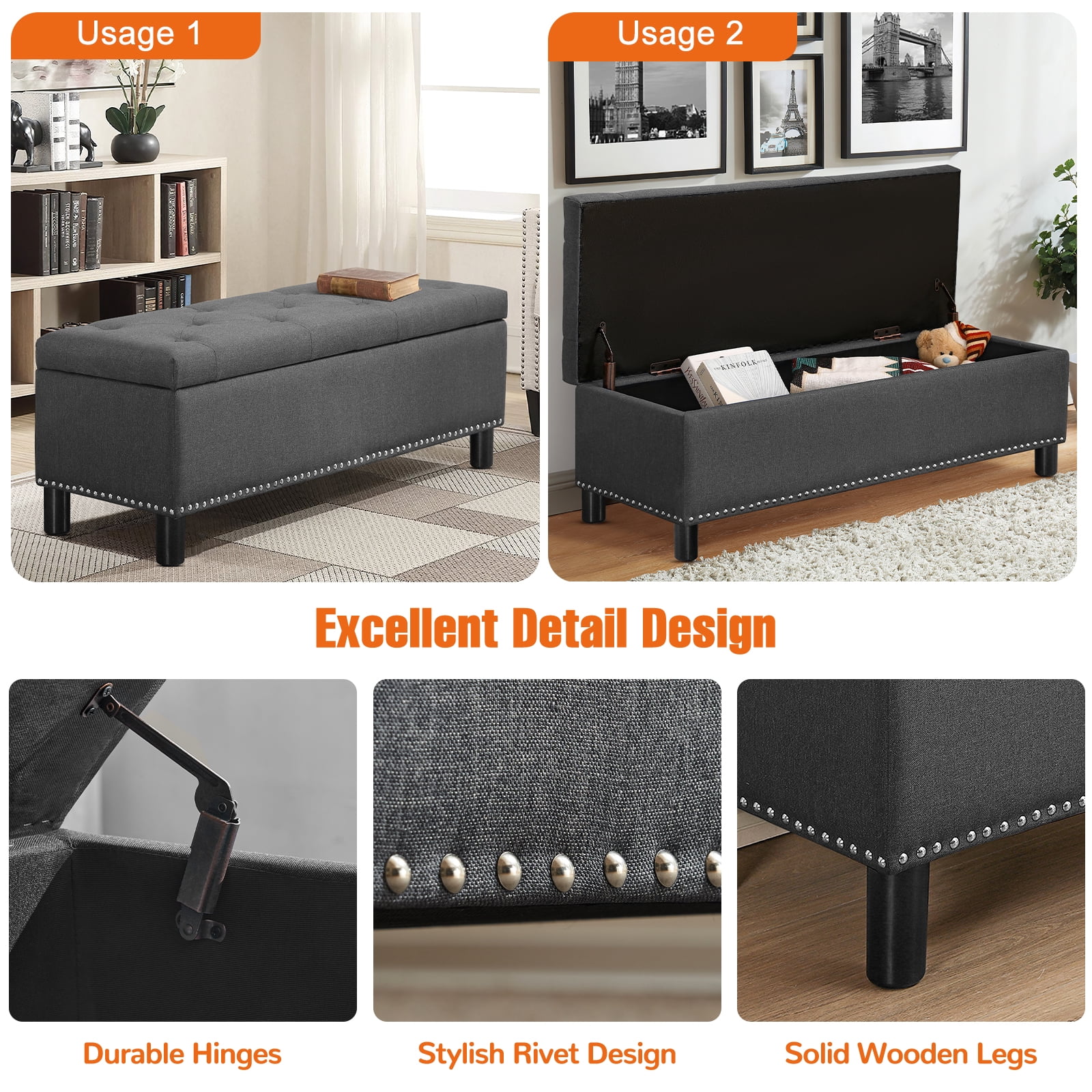 Furniliving Modern Upholstered Button Tufted Storage Ottoman Entryway Bench for Bedroom Livingroom, Dark Grey