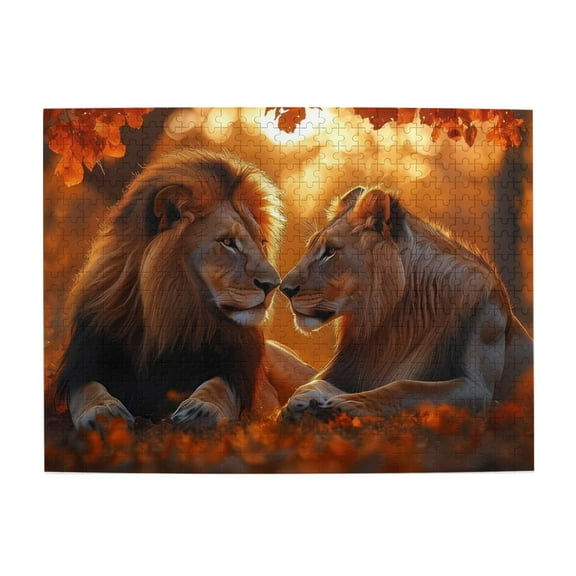 500-Piece Wooden Jigsaw Puzzle for Adults - Lion Couple Autumn Forest , Interlocking Pieces with Guide Letters, Holiday Gift & Home Decor