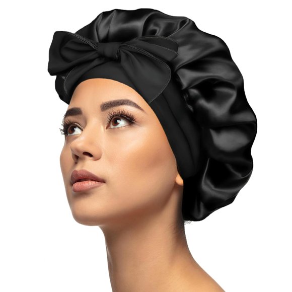 Silk Bonnet for Sleeping Women | Adjustable Satin Bonnet With Tie | Hair Bonnet with Scrunchie for Curly Hair Black Large