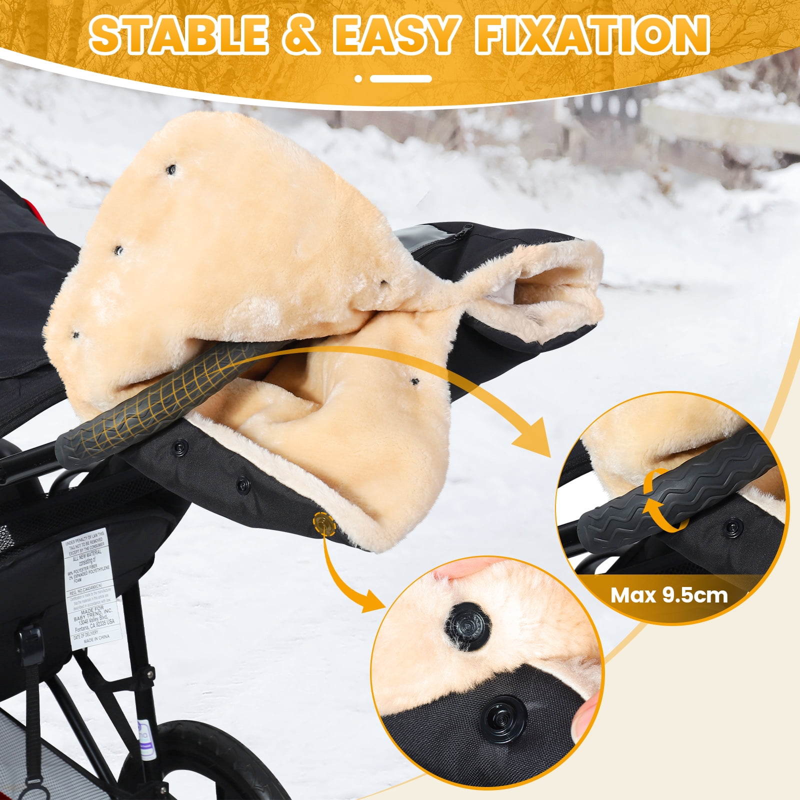 Orzbow Faux Sheepskin Stroller Gloves with Phone Pockets, Winter Extra Thick Mittens for Baby Stroller, Cozy & Warm, Anti-freeze Hand Muff Easily Attaches to Stroller for Parents Caregivers, Black