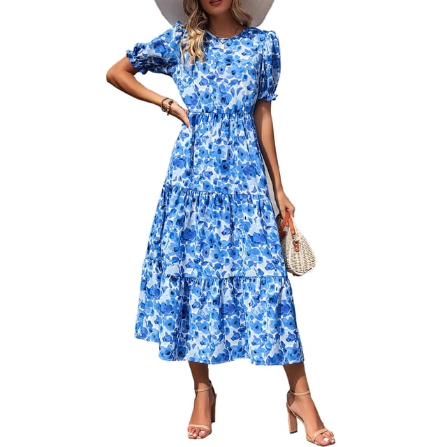 Vestido Floral Boho Midi con Mangas Abullonadas Azul - Talla L PRETTYGARDEN