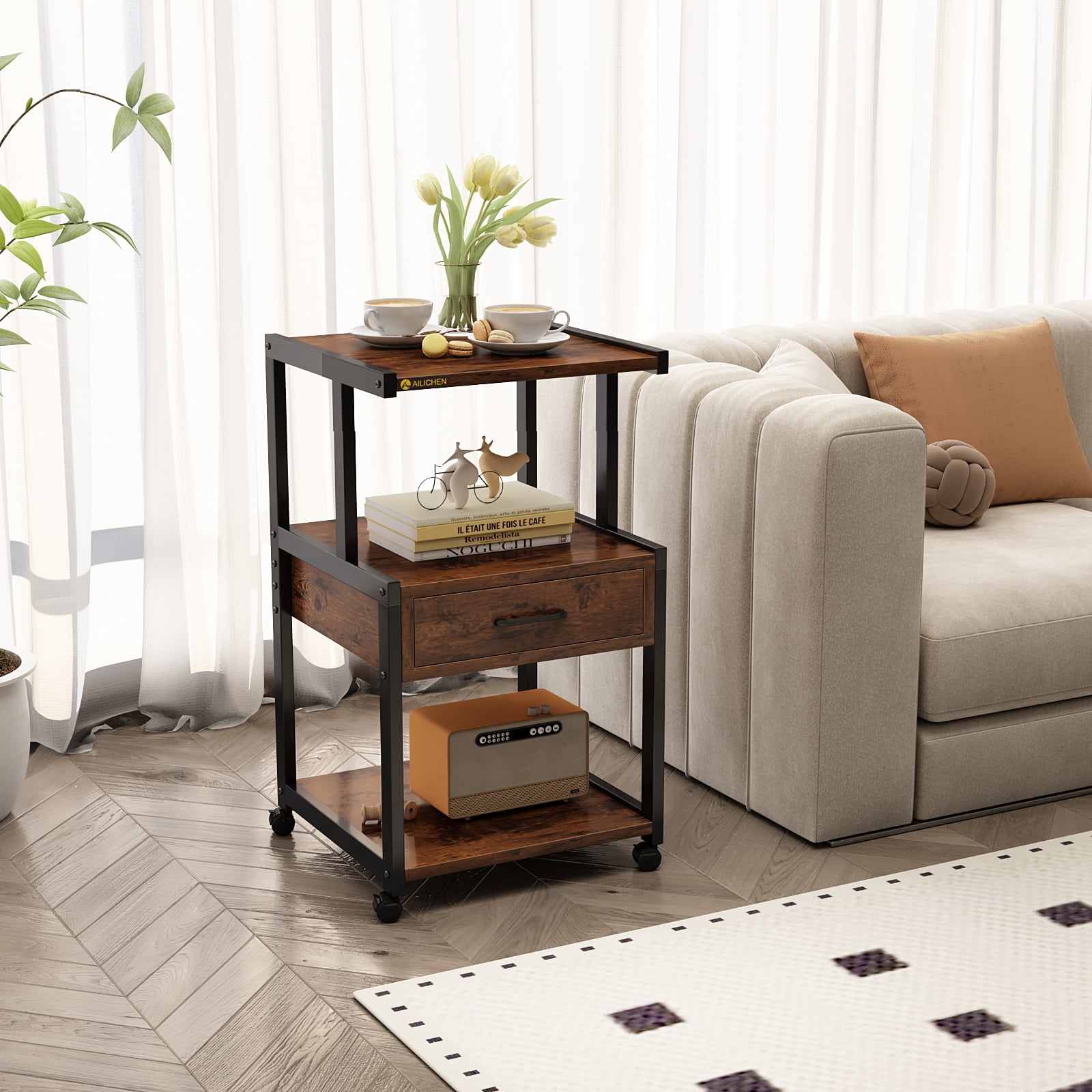 ALISENED 3-Tier Mobile Printer Stand with Storage Rolling Floor-Standing Deskside Shredder Storage Shelf Rack for Home Office,Study,Living Room
