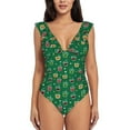 thumbnail image 2 of Yiaed Milk Tea Print Women's Ruffled One Piece Swimsuit V Neck Swimwear Slimming Monokini for Woman-Small, 2 of 8