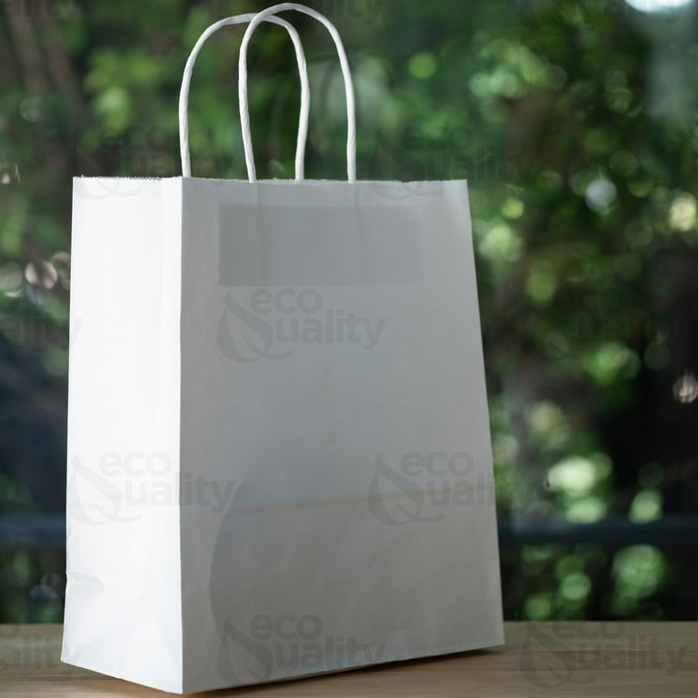 100 COUNT] 10x5x15 inches Medium White Kraft Paper Bags with Handles,  Shopping, Gift Bags, Party, Retail, Merchandise, Lunch Bags, Grocery Bags,  Strong, Reusable, Durable, Ecofriendly by EcoQuality 