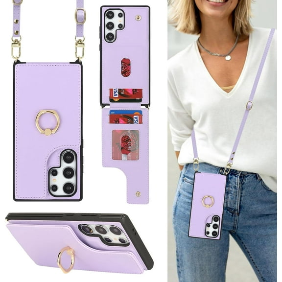 for Samsung Galaxy S24 Ultra Case with Card Holder and Strap for Women,Crossbody Lanyard,Ring Stand,Snap Clasp,Phone Wallet Cases 6.8 inch(Purple)