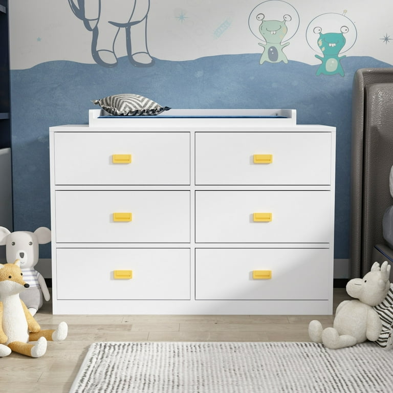 TQ Nursery Dresser Kids Station with 6 Drawers Clothes Storage Baby Changing Table White Grey Gold Handle Walmart