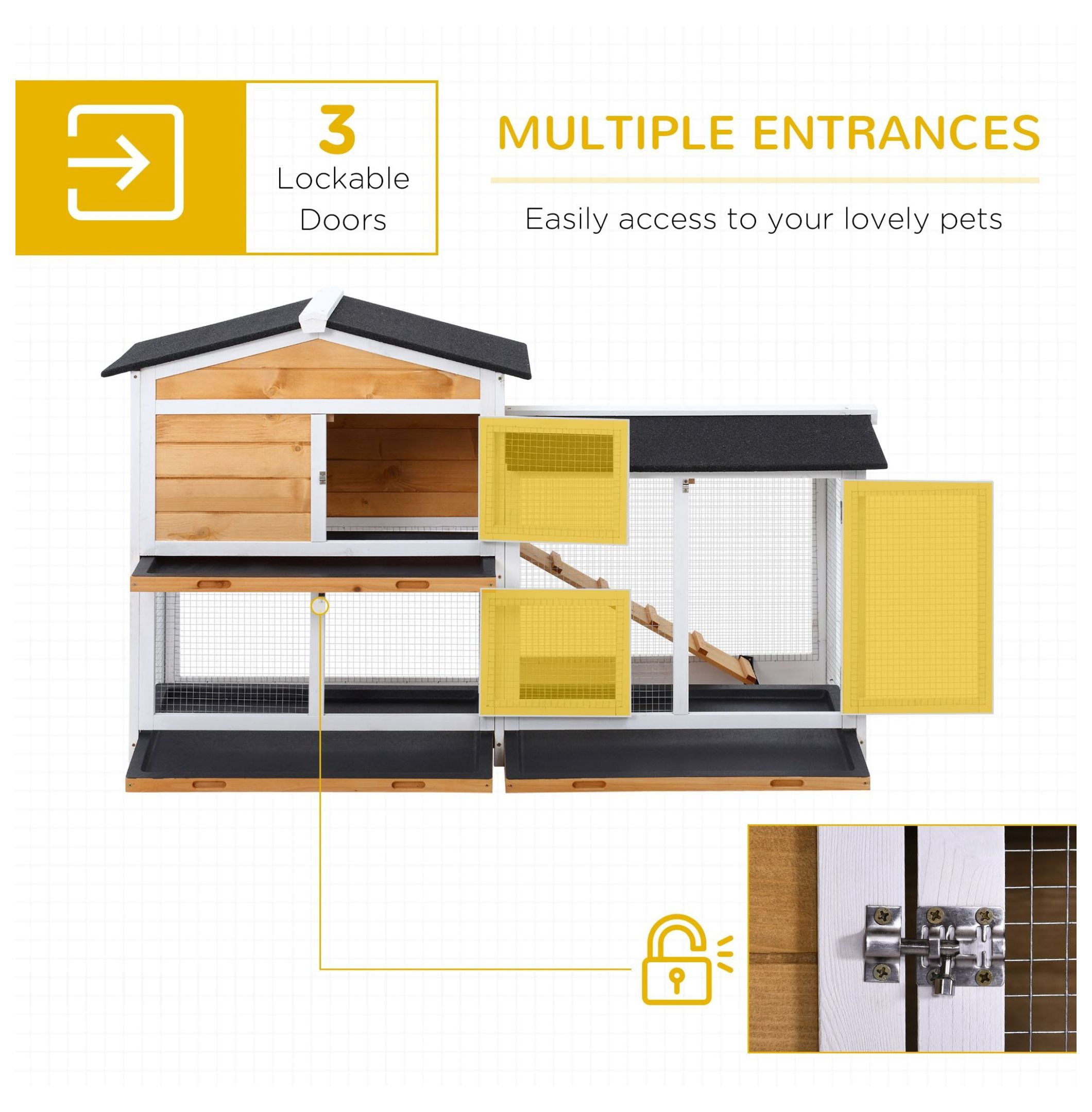 Outdoor Rabbit Hutch 2-Story Wooden Bunny Cage with Ramp Weatherproof Roof Yellow