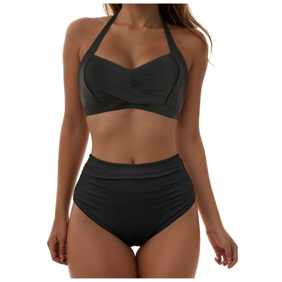 Wamejoo Womens Tummy Control Bathing Suits Modest High Waisted Bikini Sets Cute Halter 2 Piece Swim Suits (Black, L)