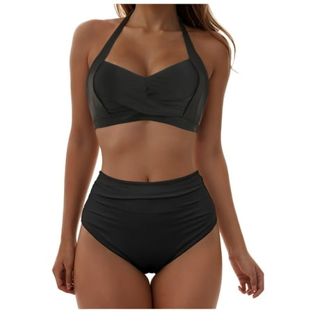 Bosanter Women 2 Piece Vintage Swimsuit Retro Sling Neck Ruched High Waist Bikini with Bottom
