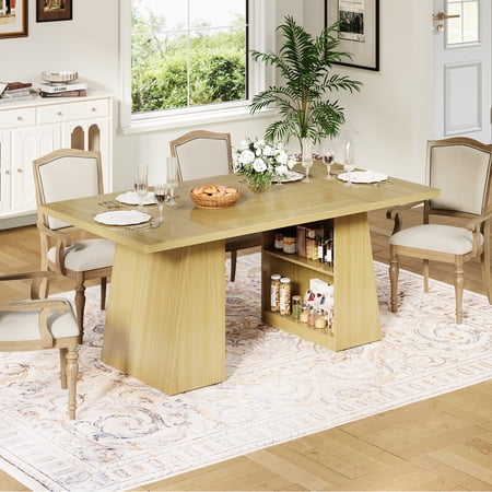 71 Inch Rectangular Wooden Dining Table with Storage for 4 to 6 Modern Long Table for Dining Room Kitchen and Home Office