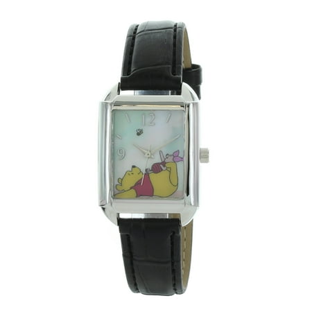 Disney Women’s Silver Tone Black Band Winnie Pooh and Piglet Enjoying Watching a bee WP1012-AB