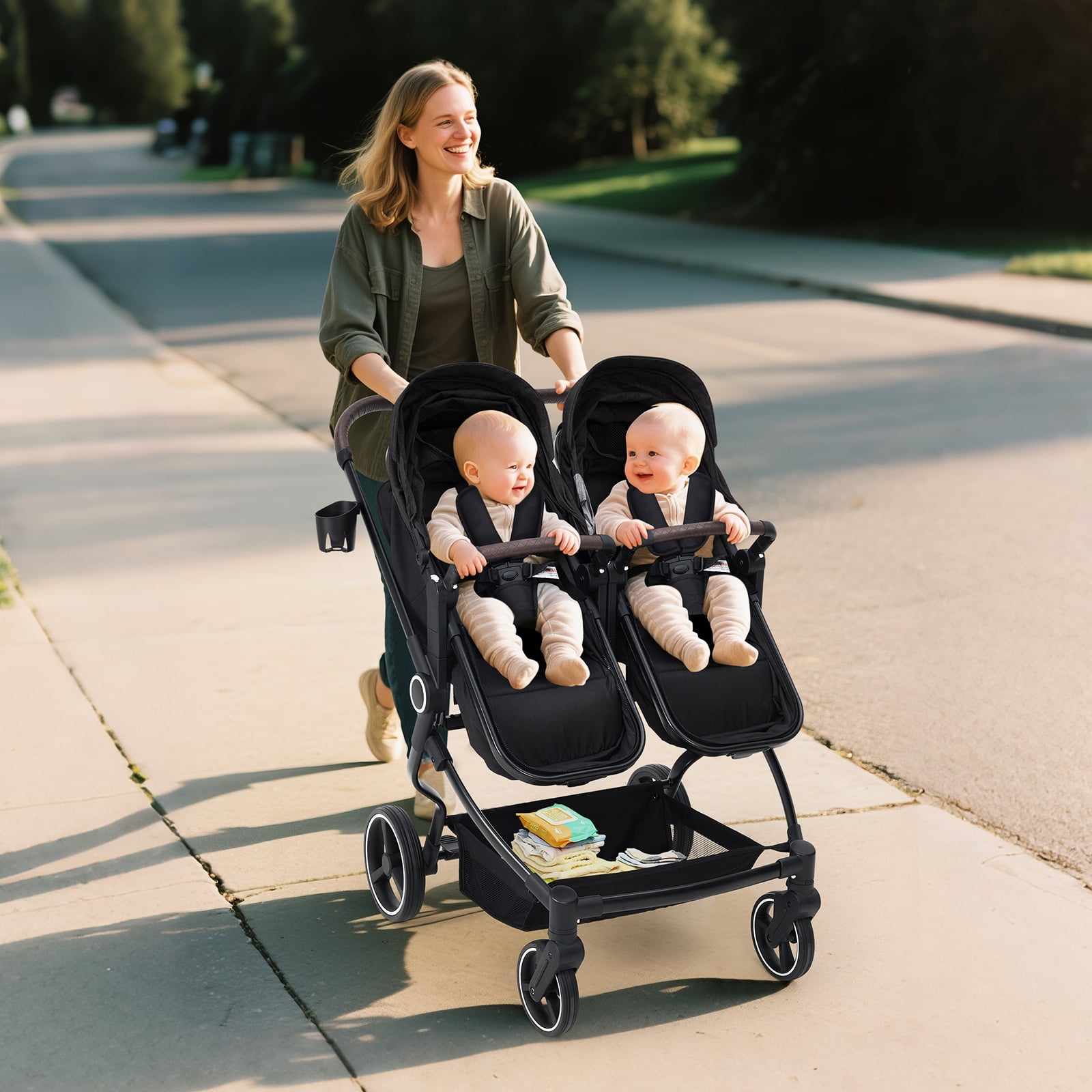 Roromall Side by Side Double Stroller for Twins, Adjustable Compact Folding Baby Travel Stroller with High Landscape Seat, Lightweight Canopy & Recline for Infant and Toddler