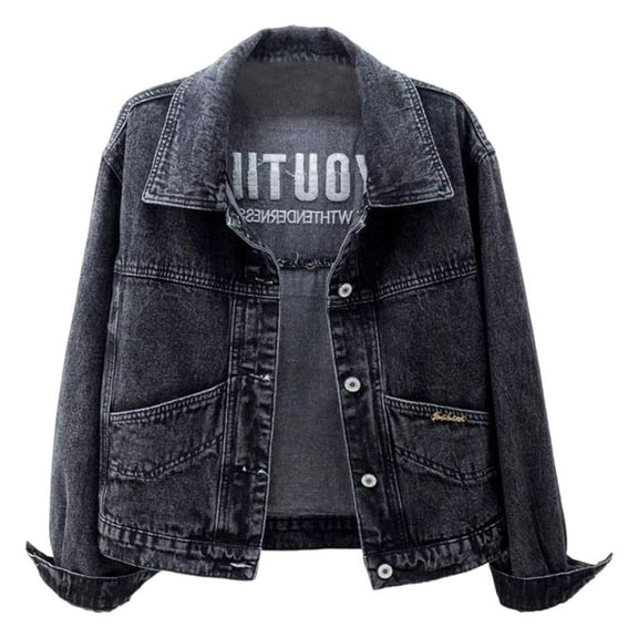 Women Jacket Turn-down Collar Long Sleeve Single-breasted Solid Color Buttons Embroidery Pockets Short Type Denim Hip Hop Streetwear Lady Coat