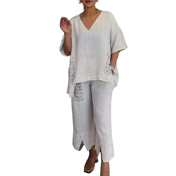 2 Pcs/Set Fall Spring Women T-shirt Pants Set Half Sleeves V Neck Rippe Top Elastic Waist Sequin Trousers OL Commuting Sport Pantsuit Outfit