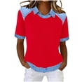 thumbnail image 2 of T-Shirt for Women Neck Short Sleeve Casual Relaxed Fit Tee Denim Contrast Raglan Sleeve Waffle Knit Breathable Stretchy Summer Tops, 2 of 5