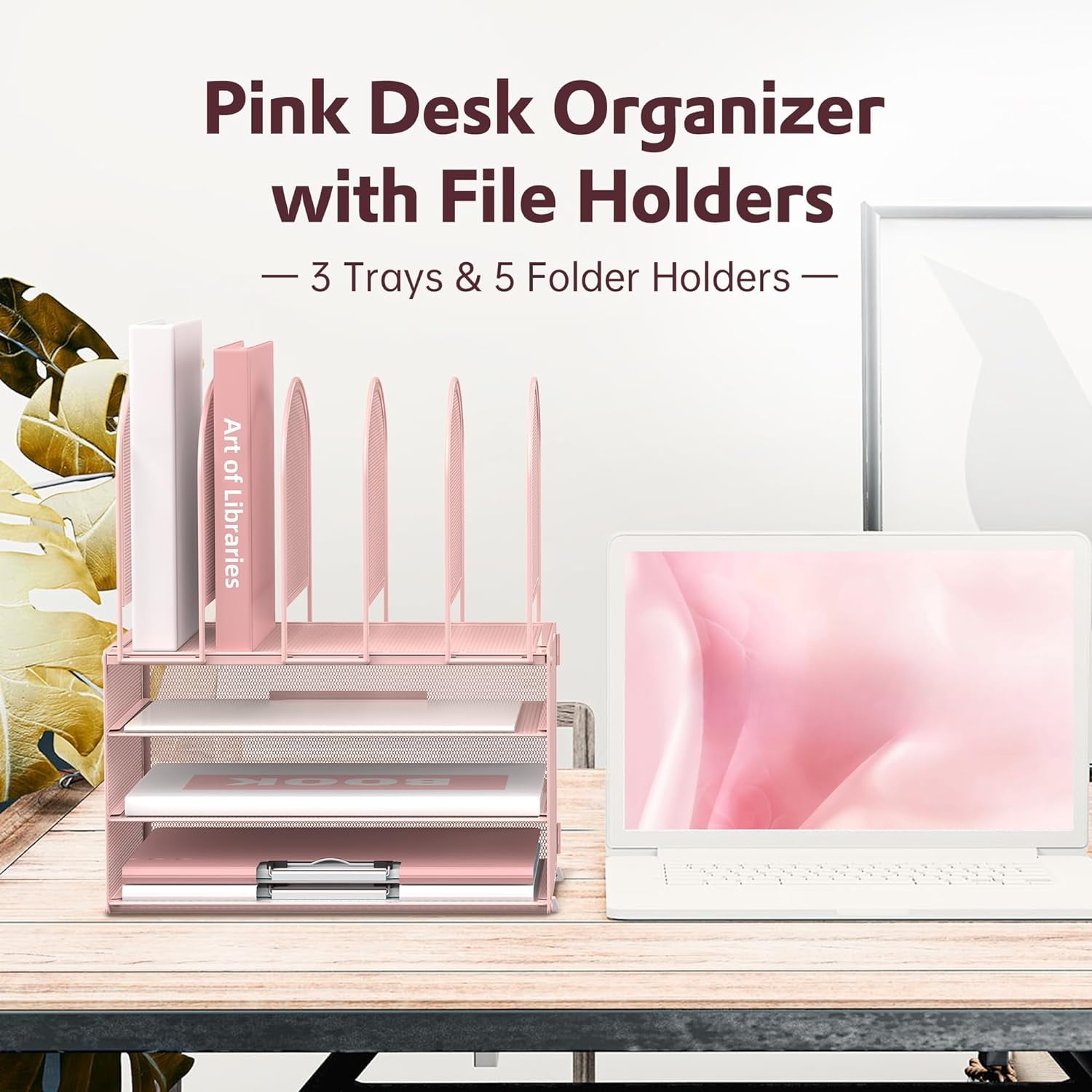 INTIGE 3 Tier Metal Desktop Folder Organizer with 5 Vertical File Shelves, Paper Organizer, Pink, 1 Piece