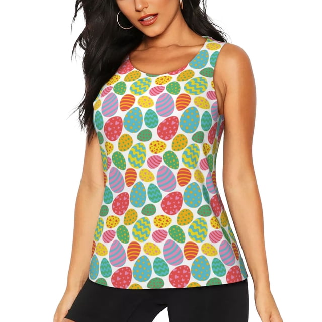 Balery colorful easter eggs Camiseta sin mangas estampada ligera para mujer, tops de entrenamiento sin mangas, camisetas de yoga transpirables de secado rápido.-Large