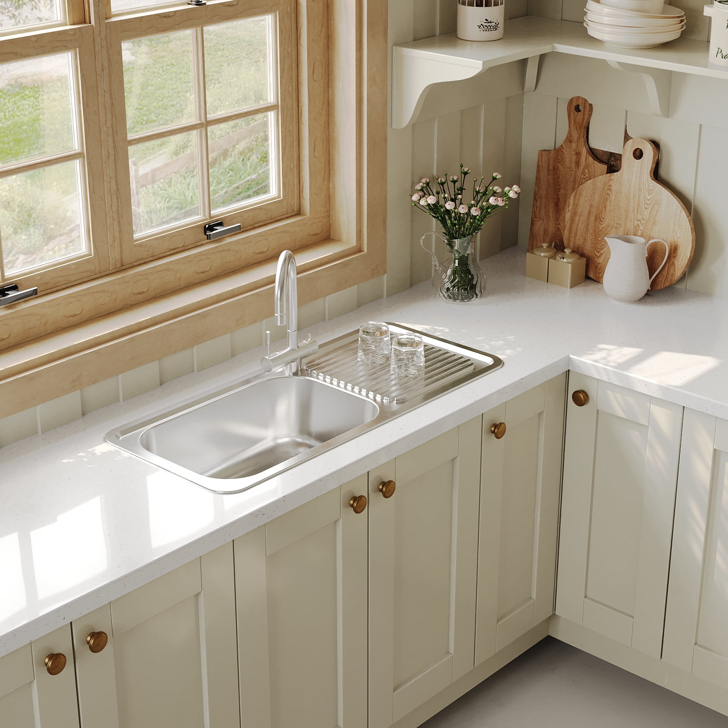 Naiture Drop-In Kitchen Sink, Rectangular Single Bowl Top Mount Sink, 21-Gauge 304 Stainless Steel, 37-3/4" X 17" with Left Drainboard and Single Faucet Hole