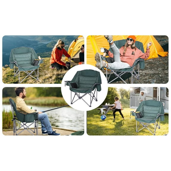Padded Camping Chair Oversized Camping Chair Outdoor Chair Folding Chair for Adults Heavy Duty 400lb Carry Bag Cupholder & Cooler (1-Pack), Green