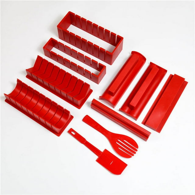 Kit para hacer sushi de lujo con juego completo de sushi, 10 piezas de plástico para hacer sushi con 8 tenedores para moldes de rollo de sushi, herramienta de sushi para el hogar (rojo) Sincero Electrónica