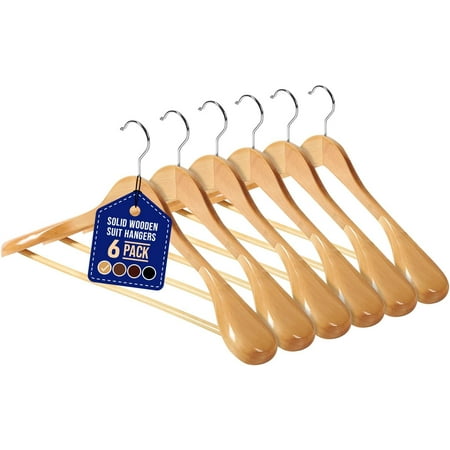 Lifemaster Solid Wooden Hanger Set - 6 Pieces Non-Slip Versatile Closet Space-Saving Hanger Set for Suit, Coat, Camisole, Jacket, Pants, and Dresses with 360° Swivel Hook - Natural Color