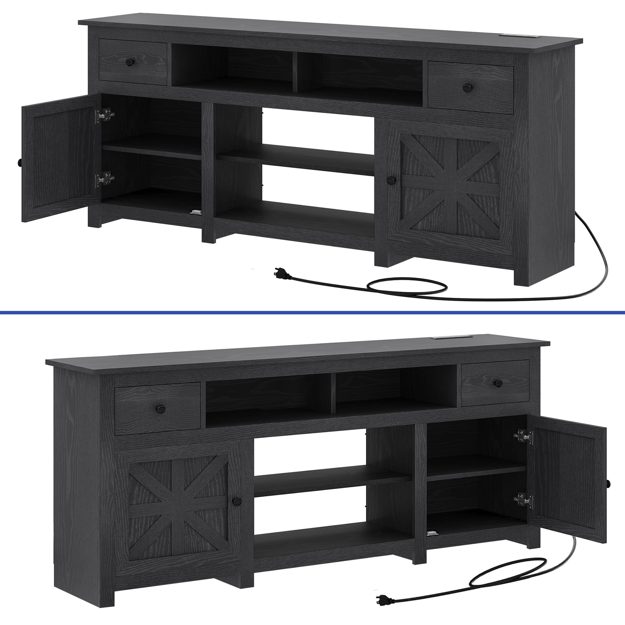 Uforic Farmhouse TV Stand for 75/80 Inch TV, Rustic Entertainment Center with Power Outlet, Storage Drawers, TV Console for Living Room, Black