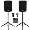 Podium Pro PP1502A Powered 15" PA DJ Speaker Pair with 6 Channel Mixer Stands and Cables