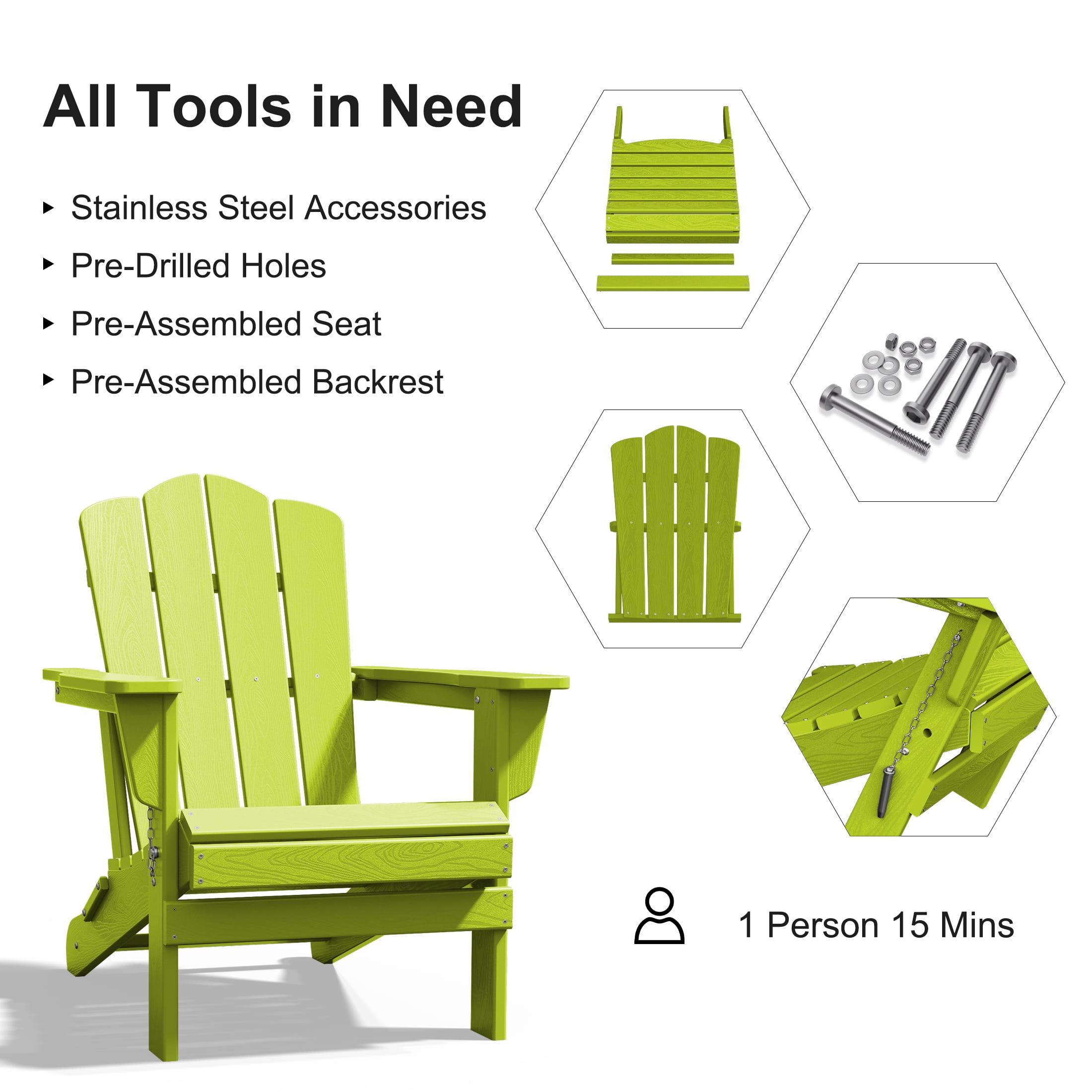 JUSTLET Adirondack Chair, 4PC Plastic Folding Outdoor Patio Chairs, Outside HDPE Chairs for Lawn, Yard, Apple Green