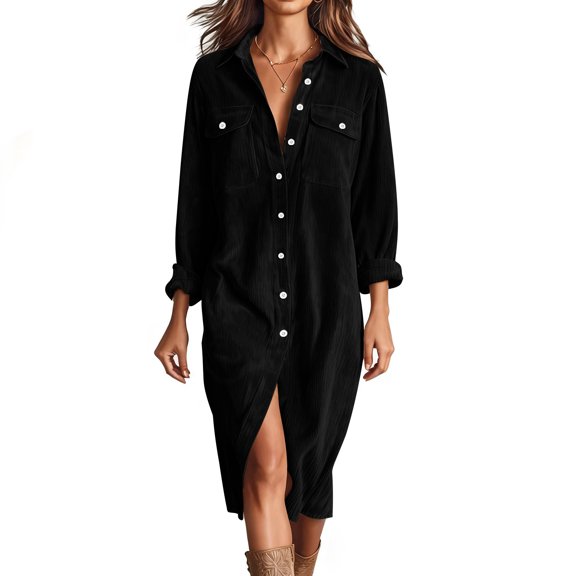 Htigea Corduroy Shirt Dress for Women Long Sleeve Button Down Tunic Dresses Collared V-Neck Shift Midi Dress with Pocket Black S