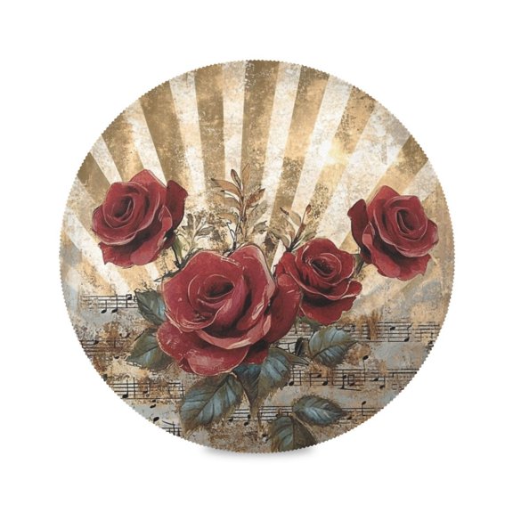 WOBOGO Notes Red Rose Round Placemats Set of 6 Heat Resistant Washable Kitchen Table Decorations 15.4in