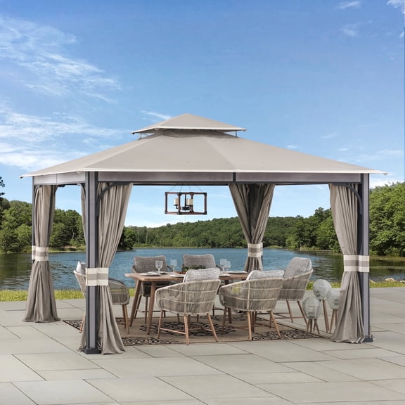 Sunjoy Roberts Outdoor Patio Steel Frame11 x 13 ft. 2-Tier Soft Top Gazebo with Light Gray Canopy Roof, Netting, and Curtains