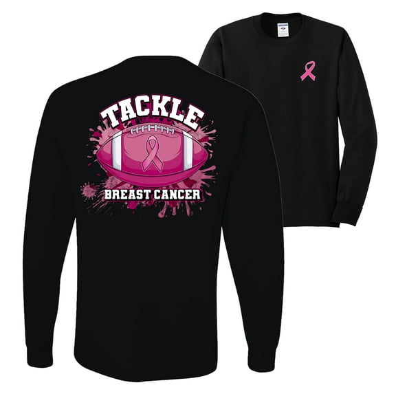 Wild Bobby Tougher Than Cancer Football Paint Splatters Breast Cancer Awareness Front and Back Mens Long Sleeve Shirt, Black, Small