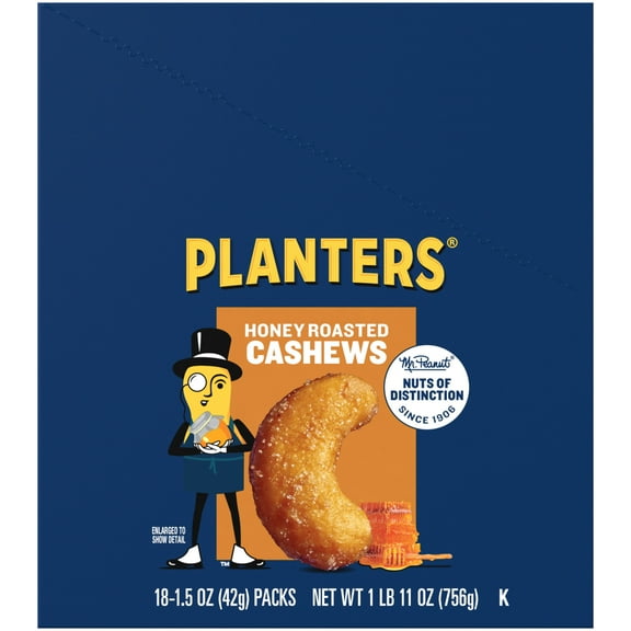 PLANTERS Honey Roasted Whole Cashews, Sweet and Salty Snacks, Plant Based Protein, 1.5 oz Tube (Pack of 18)
