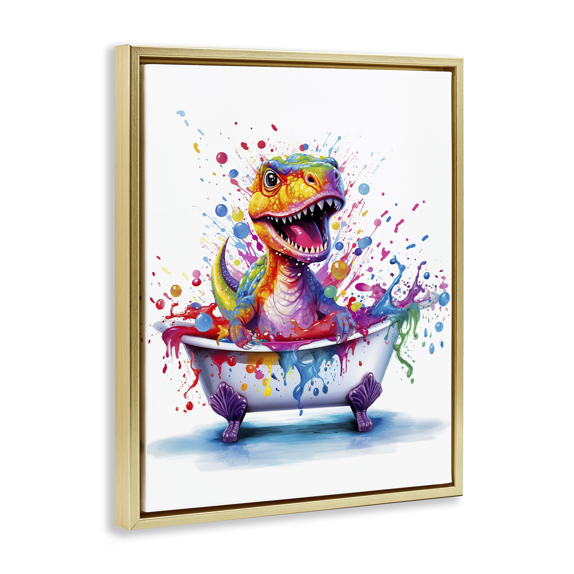 Stupell Industries Modern Splatter Dino Typography Painting Gold Floater Framed Canvas Art Print Wall Art, 25 x 31