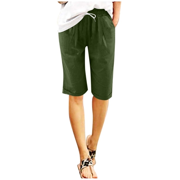 Pantalones Cortos de Sueño para Mujeres Suave Color Sólido Capris, Cordón de Cintura Elástica con Bolsillos para Pijamas de Salón