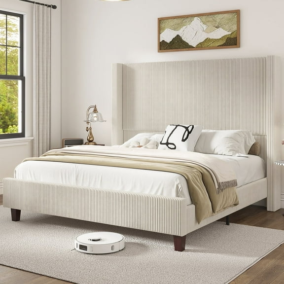 VanAcc Queen Size 61" Corduroy Upholstered Bed Frame with Vertical Stripe Wingback Headboard/Cream