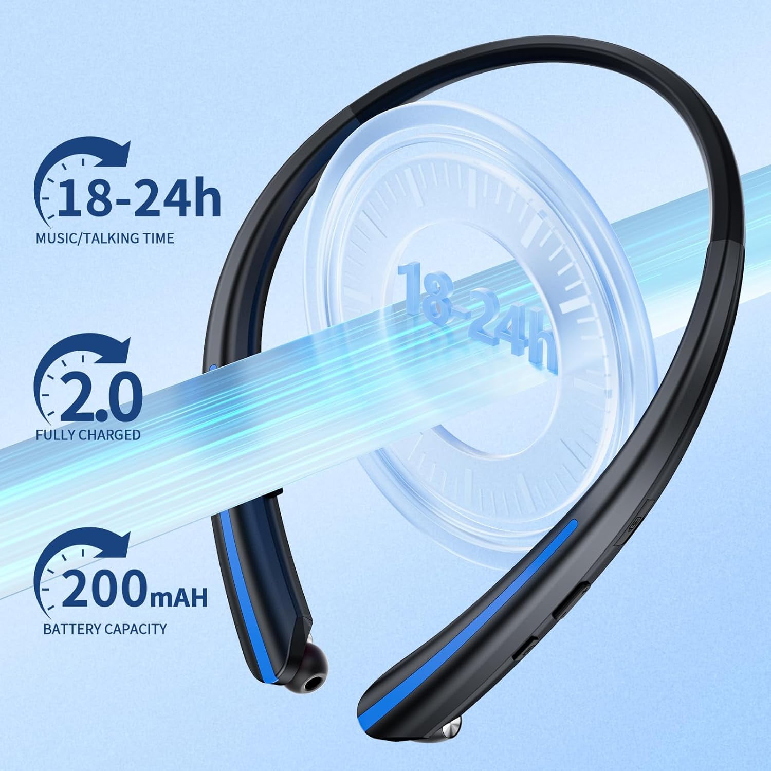 Retractable Neckband Bluetooth Headphones, IPX5 Sweatproof Headset Wireless Earbuds with Mic, Vibration Alert, Noise Cancelling Stereo Earphones for Sports, Running, Driving, Workouts (Blue)