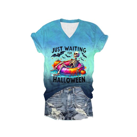 KDFJPTH T Shirts for Women Loose Fit Just Waiting Halloween Shirt Skeleton Graphic Funny Halloween Tee Tshirts Tops