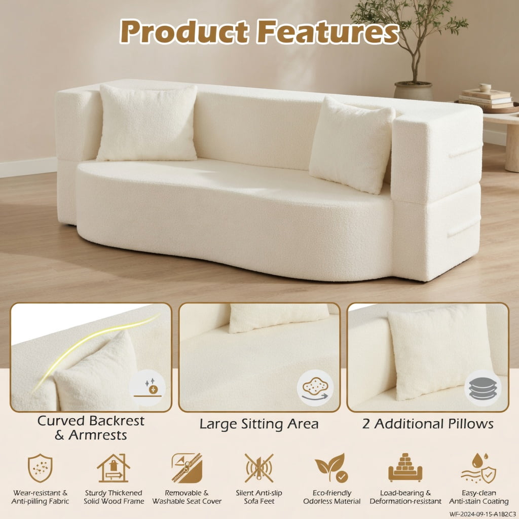 Hommoo 75.5" 2-in-1 Folding Sofa Bed, Teddy Fleece Convertible Floor Loveseat with Removable Washable Cover, Ergonomic Curved Design & 2 Plush Pillows, Beige