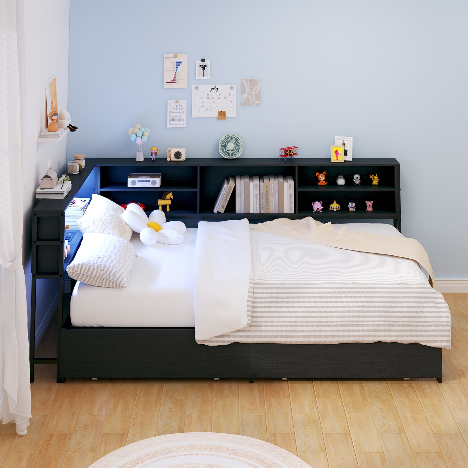 Miniyam Twin Size Bed with Storage, Bookcase, LED Lights and Drawers for Teens, Black