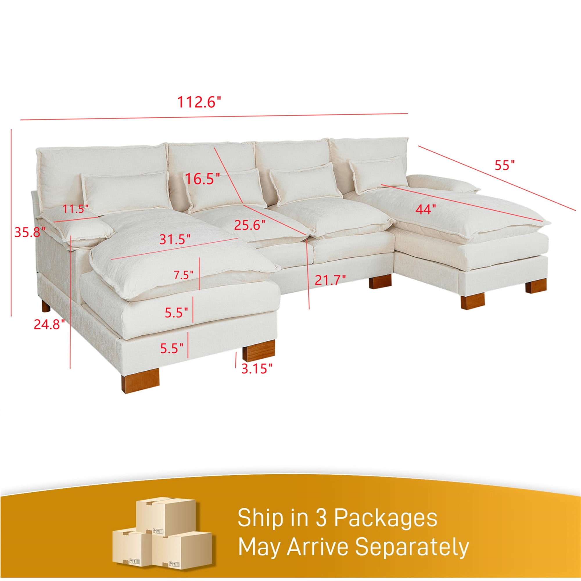 Aukfa 113" Sectional Sofa Couch with 4 Lumbar Pillows&Dual Layer Cushions, Chenille, Beige