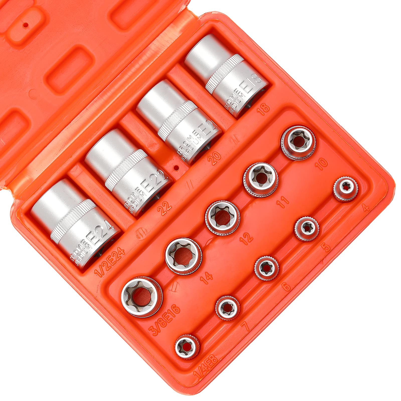 MIXPOWER 14Pieces Female ETORX Star Socket Set with Case, 1/4" 3/8" 1