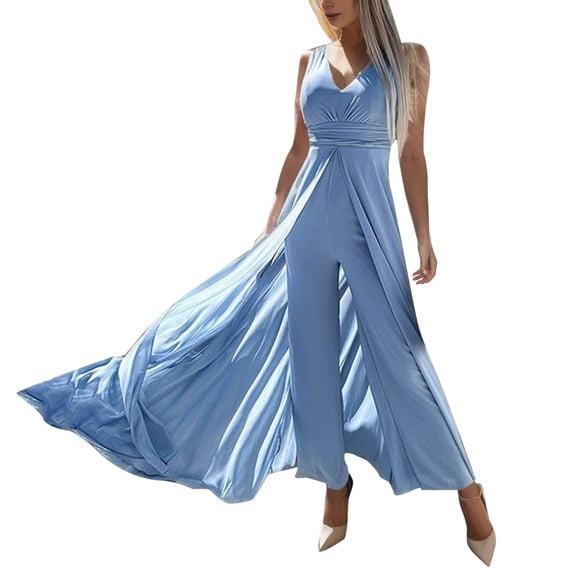 HXWCHs Women's Cropped Jumpsuit, Stylish Women's Deep V Neck Waist Accentuating Sleeveless Wide Leg Jumpsuit for Elegant Evening Wear S Blue