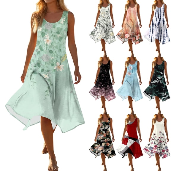JoveMarine Summer Dress for Women Round Neck Sleeveless - Irregular Hem with Floral Print, Casual Fashion Midi Dress for Daily Chic,Black L