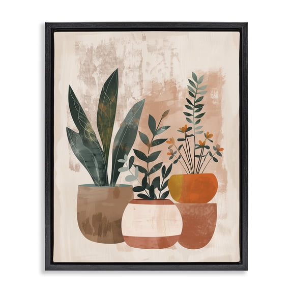Stupell Industries Earthy Boho Potted Plants Floral Painting Black Floater Framed Canvas Art Print Wall Art, 17 x 21
