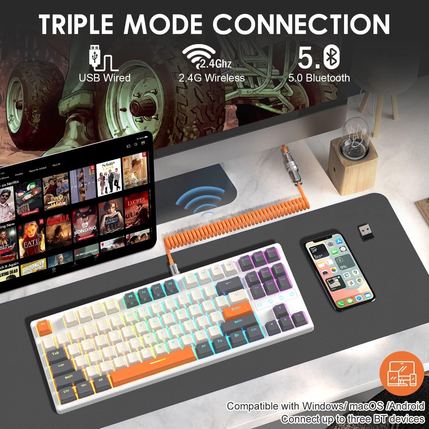 Attack Shark Gaming Keyboard 2.4G/BT5.0/USB-C Cable,Hot-swap Tactile Switch,RGB,3000mAh for PC