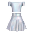 thumbnail image 3 of Women's 2Piece Metallic Outfit Shiny Off Shoulder Crop Top + Silver Mini Skirt Dress Alien Costume Rave Clubwear XXL Holographic Silver - Off Shoulder, 3 of 8
