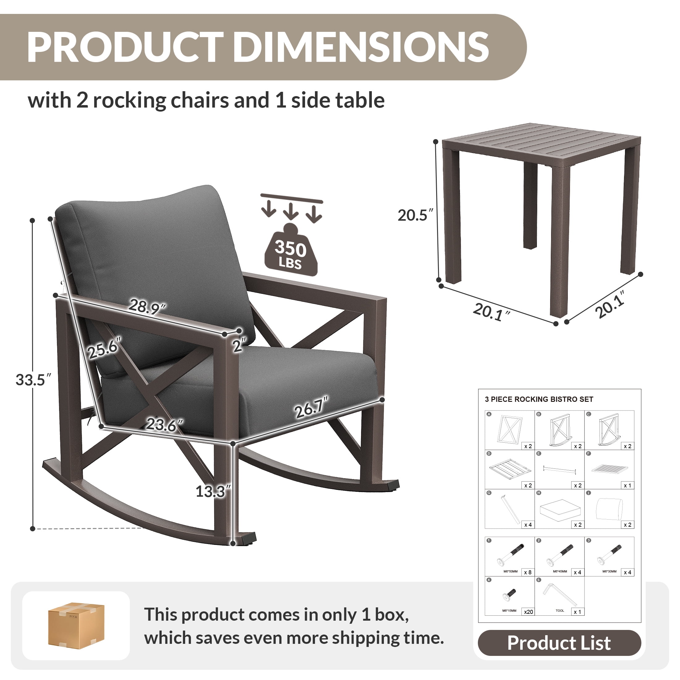 UDPATIO 3-Piece Metal Patio Rocking Chair Set, Heavy Duty 350 lbs Capacity Outdoor Bistro Furniture Set with 2 Rockers, Thick Cushions and Coffee Table for Porch, Rust-Resistant, Grey