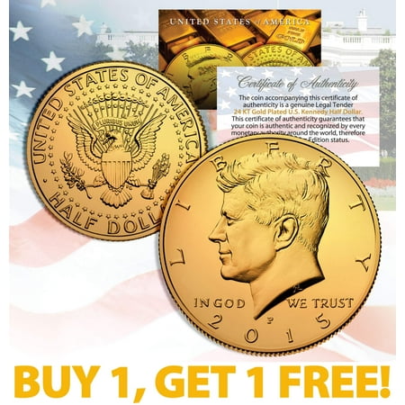 - 24K GOLD PLATED 2015 JFK Kennedy Half Dollar Coin w/Capsule * BUY 1 GET 1 * BOGO